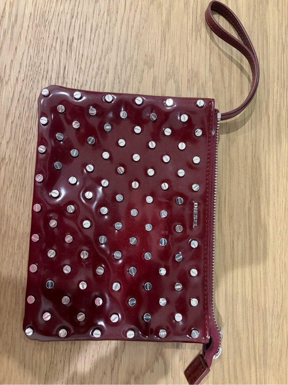 Diesel Wine Red Studded Wristlet Clutch